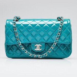 Chanel Blue Quilted Patent Classic Medium Double Flap Bag